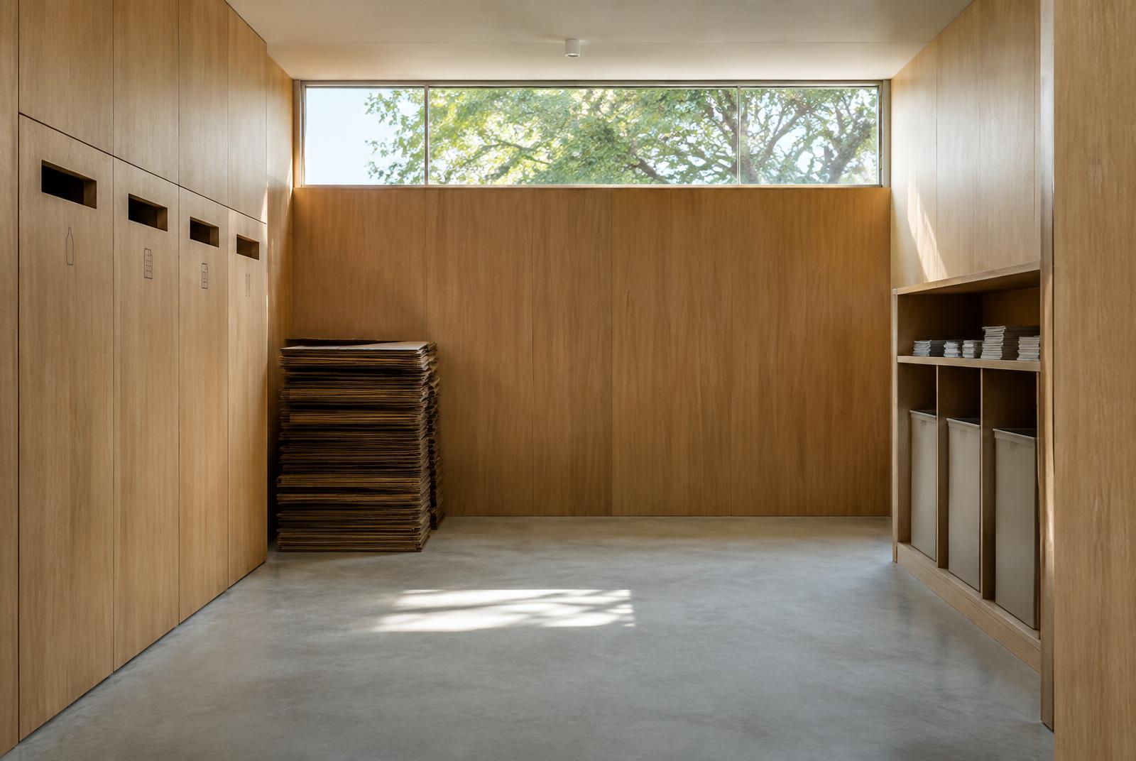 A calm, timber-lined shared recycling room with flattened cardboard stacked neatly